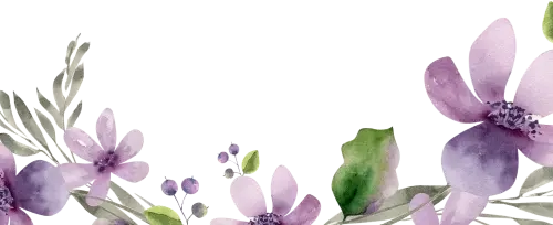 Watercolor illustration of a blooming purple flower with delicate leaves and berries in the corner